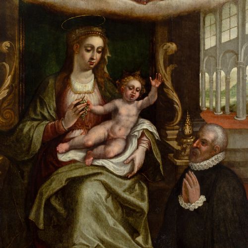 MIGUEL BARROSO CIRCLE VIRGIN CHILD WITH KNEELING DONOR ANTIQUE OIL PAINTING - ADDITIONAL PHOTO 3