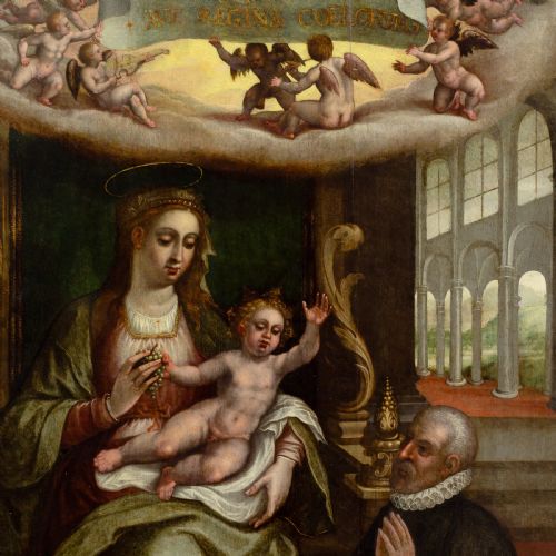 MIGUEL BARROSO CIRCLE VIRGIN CHILD WITH KNEELING DONOR ANTIQUE OIL PAINTING - ADDITIONAL PHOTO 4