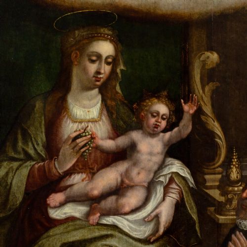MIGUEL BARROSO CIRCLE VIRGIN CHILD WITH KNEELING DONOR ANTIQUE OIL PAINTING - ADDITIONAL PHOTO 5