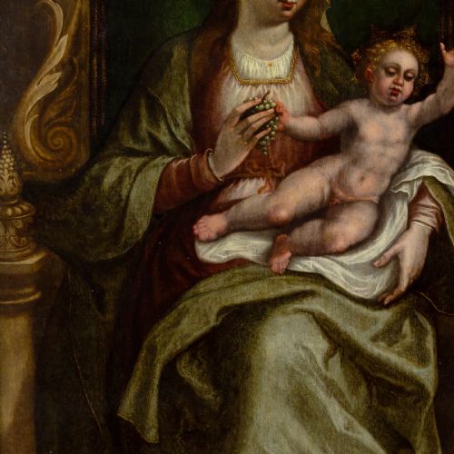 MIGUEL BARROSO CIRCLE VIRGIN CHILD WITH KNEELING DONOR ANTIQUE OIL PAINTING - ADDITIONAL PHOTO 6