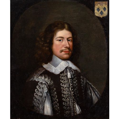 fig 6. An antique oil painting depicting a 17th-century gentleman with a lace collar set within a dark background and framed by an ornate gilt and ebonised border.