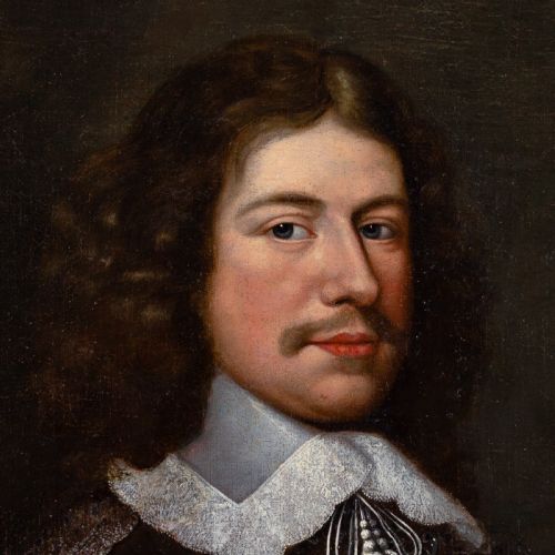 fig 1. An antique oil painting depicting a 17th-century gentleman with a lace collar set within a dark background and framed by an ornate gilt and ebonised border.