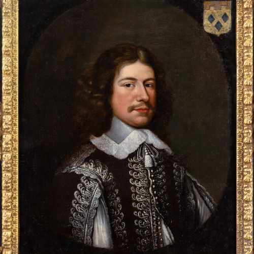 fig 3. An antique oil painting depicting a 17th-century gentleman with a lace collar set within a dark background and framed by an ornate gilt and ebonised border.