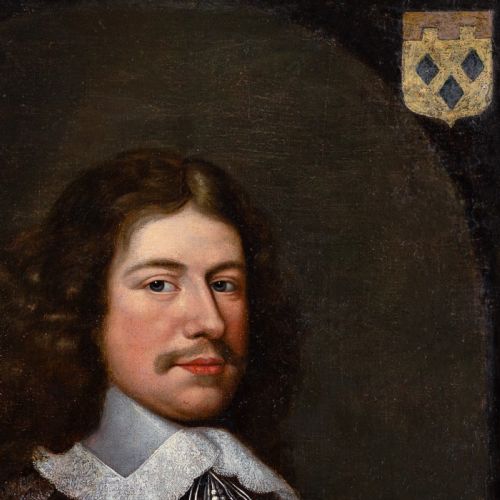 fig 4. An antique oil painting depicting a 17th-century gentleman with a lace collar set within a dark background and framed by an ornate gilt and ebonised border.