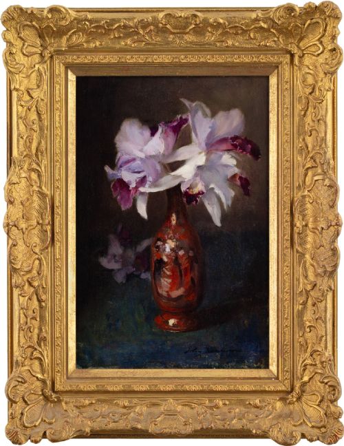 john henderson still life with orchids antique oil painting - CATEGORY: ANTIQUE ART - DATED 1910