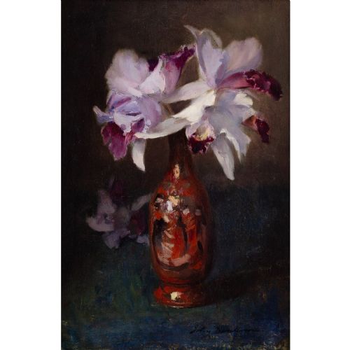 JOHN HENDERSON STILL LIFE WITH ORCHIDS ANTIQUE OIL PAINTING - ADDITIONAL PHOTO 1