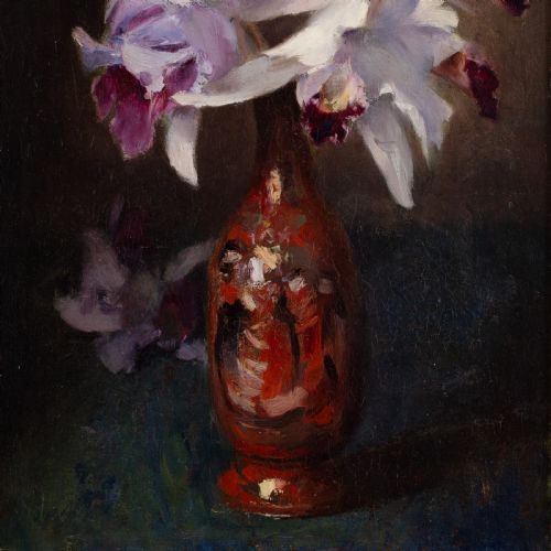 JOHN HENDERSON STILL LIFE WITH ORCHIDS ANTIQUE OIL PAINTING - ADDITIONAL PHOTO 3