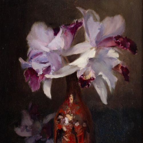 JOHN HENDERSON STILL LIFE WITH ORCHIDS ANTIQUE OIL PAINTING - ADDITIONAL PHOTO 4