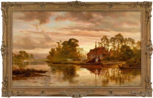 ROBERT GALLON THE NORFOLK BROADS ANTIQUE OIL PAINTING