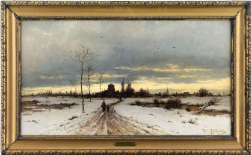 heinrich gogarten winter landscape with mother child antique oil painting - CATEGORY: ANTIQUE ART - DATED 1880