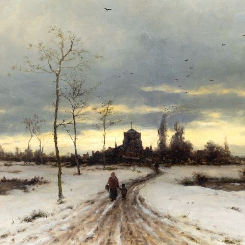 HEINRICH GOGARTEN WINTER LANDSCAPE WITH MOTHER CHILD ANTIQUE OIL PAINTING - ADDITIONAL PHOTO 1