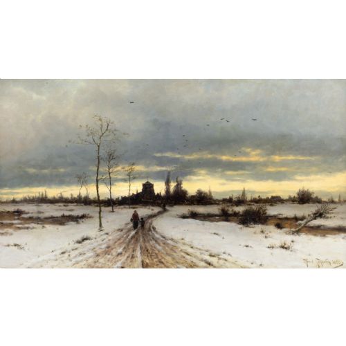 HEINRICH GOGARTEN WINTER LANDSCAPE WITH MOTHER CHILD ANTIQUE OIL PAINTING - ADDITIONAL PHOTO 2