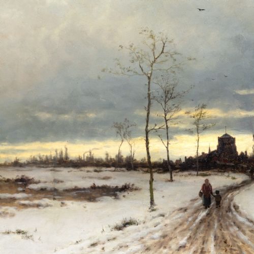 HEINRICH GOGARTEN WINTER LANDSCAPE WITH MOTHER CHILD ANTIQUE OIL PAINTING - ADDITIONAL PHOTO 3