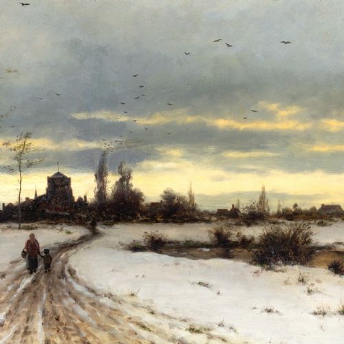 HEINRICH GOGARTEN WINTER LANDSCAPE WITH MOTHER CHILD ANTIQUE OIL PAINTING - ADDITIONAL PHOTO 4