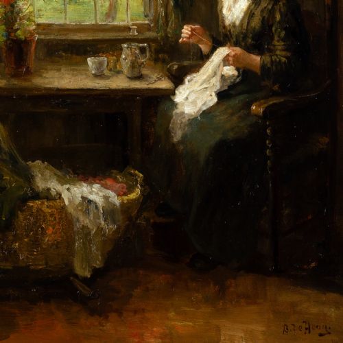 BERNARD DE HOOG A QUIET HOUR ANTIQUE OIL PAINTING - ADDITIONAL PHOTO 4