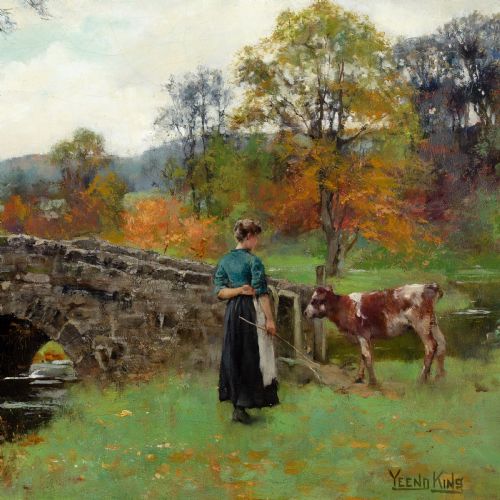 HENRY JOHN YEEND KING RBA ROI AN AUTUMN CROSSING ANTIQUE OIL PAINTING - ADDITIONAL PHOTO 1