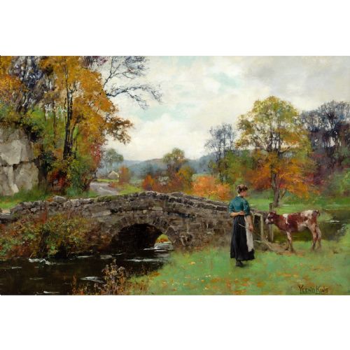 HENRY JOHN YEEND KING RBA ROI AN AUTUMN CROSSING ANTIQUE OIL PAINTING - ADDITIONAL PHOTO 2