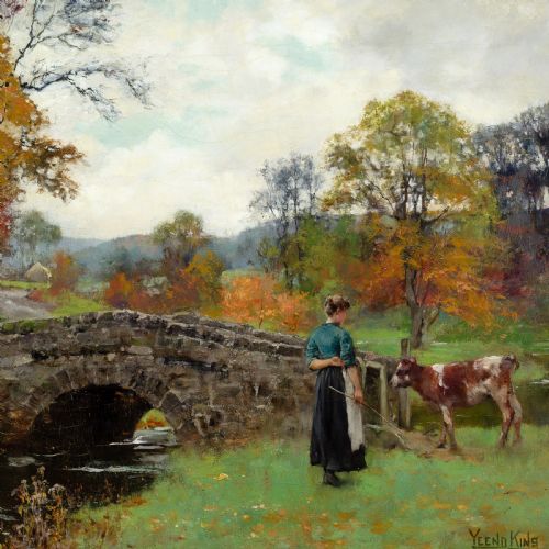 HENRY JOHN YEEND KING RBA ROI AN AUTUMN CROSSING ANTIQUE OIL PAINTING - ADDITIONAL PHOTO 4