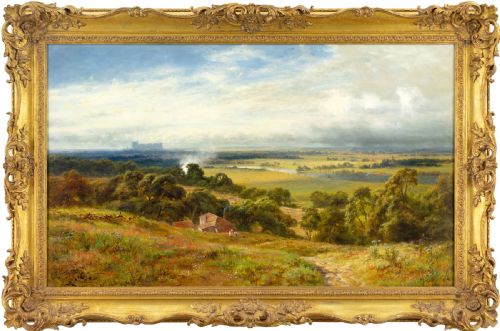 ROBERT GALLON BERKSHIRE LANDSCAPE WITH WINDSOR CASTLE IN THE DISTANCE ANTIQUE OIL PAINTING