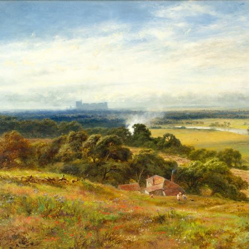 ROBERT GALLON BERKSHIRE LANDSCAPE WITH WINDSOR CASTLE IN THE DISTANCE ANTIQUE OIL PAINTING - ADDITIONAL PHOTO 1