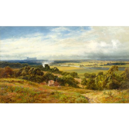 ROBERT GALLON BERKSHIRE LANDSCAPE WITH WINDSOR CASTLE IN THE DISTANCE ANTIQUE OIL PAINTING - ADDITIONAL PHOTO 2
