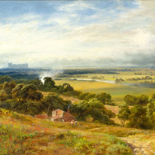 ROBERT GALLON BERKSHIRE LANDSCAPE WITH WINDSOR CASTLE IN THE DISTANCE ANTIQUE OIL PAINTING - ADDITIONAL PHOTO 3