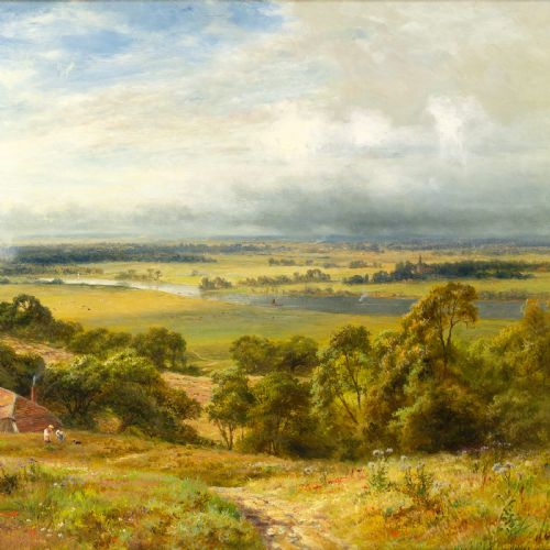 ROBERT GALLON BERKSHIRE LANDSCAPE WITH WINDSOR CASTLE IN THE DISTANCE ANTIQUE OIL PAINTING - ADDITIONAL PHOTO 4