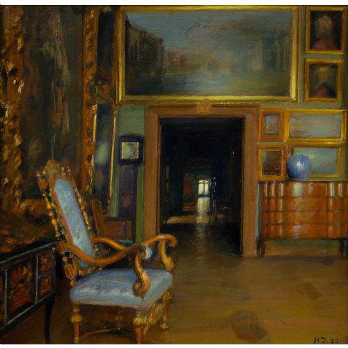 KARL JENSEN FREDERIK IV'S ROOM AT FREDERIKSBORG CASTLE ANTIQUE OIL PAINTING - ADDITIONAL PHOTO 1