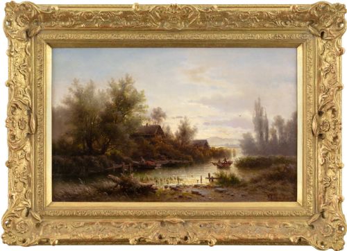 ALBERT RIEGER RIVER LANDSCAPE IN A MORNING MOOD ANTIQUE OIL PAINTING