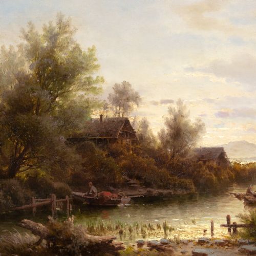 ALBERT RIEGER RIVER LANDSCAPE IN A MORNING MOOD ANTIQUE OIL PAINTING - ADDITIONAL PHOTO 1