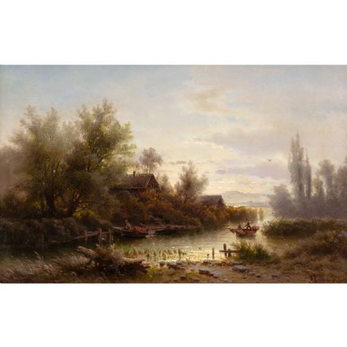 ALBERT RIEGER RIVER LANDSCAPE IN A MORNING MOOD ANTIQUE OIL PAINTING - ADDITIONAL PHOTO 2