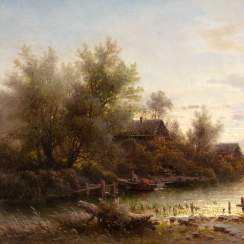 ALBERT RIEGER RIVER LANDSCAPE IN A MORNING MOOD ANTIQUE OIL PAINTING - ADDITIONAL PHOTO 3