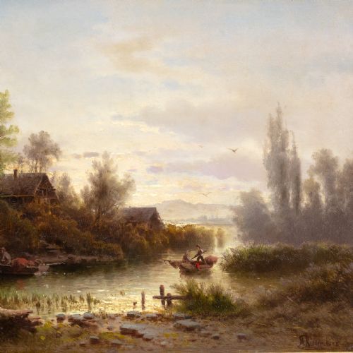 ALBERT RIEGER RIVER LANDSCAPE IN A MORNING MOOD ANTIQUE OIL PAINTING - ADDITIONAL PHOTO 4
