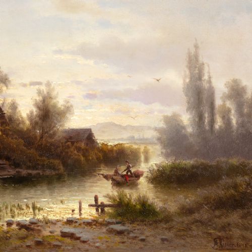 ALBERT RIEGER RIVER LANDSCAPE IN A MORNING MOOD ANTIQUE OIL PAINTING - ADDITIONAL PHOTO 5