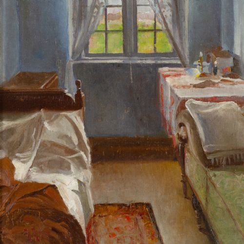fig 3. An antique oil painting depicting a bedroom interior with blue walls, lace window curtains, and furniture, set within a gold gilt wood frame.