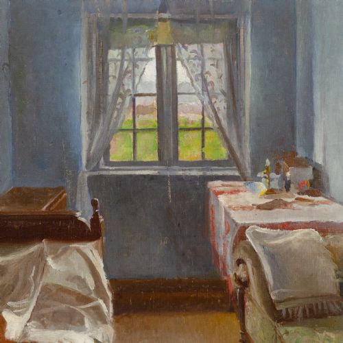 fig 4. An antique oil painting depicting a bedroom interior with blue walls, lace window curtains, and furniture, set within a gold gilt wood frame.
