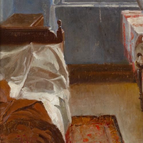 fig 5. An antique oil painting depicting a bedroom interior with blue walls, lace window curtains, and furniture, set within a gold gilt wood frame.