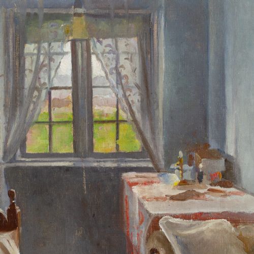 fig 1. An antique oil painting depicting a bedroom interior with blue walls, lace window curtains, and furniture, set within a gold gilt wood frame.