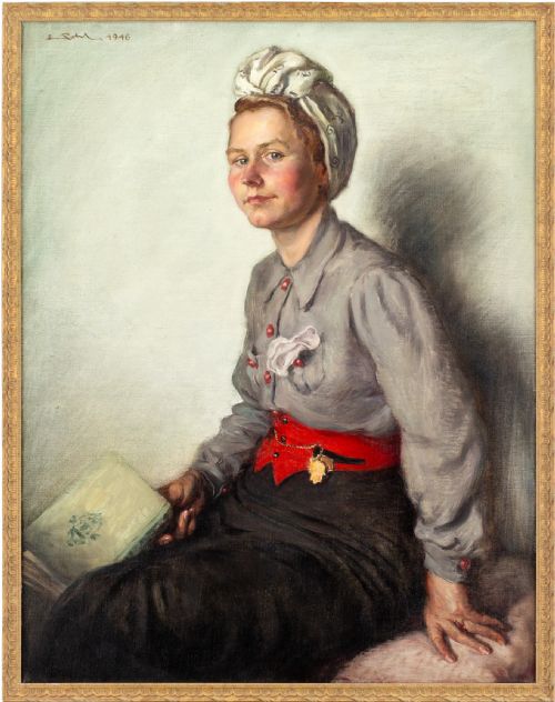 Erwin Leopold Pohl, Portrait Of A Woman With A Headscarf - Vintage Oil Painting