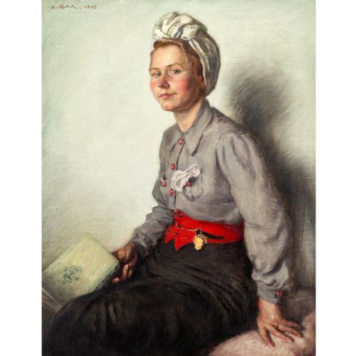 fig 1. A mid-century oil painting on canvas depicting a seated woman in a grey blouse, patterned headscarf, and red waistband holding a green book, set within a thin gilt frame.