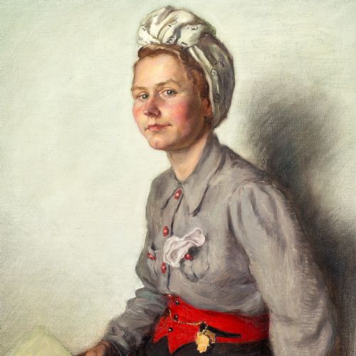 fig 2. A mid-century oil painting on canvas depicting a seated woman in a grey blouse, patterned headscarf, and red waistband holding a green book, set within a thin gilt frame.