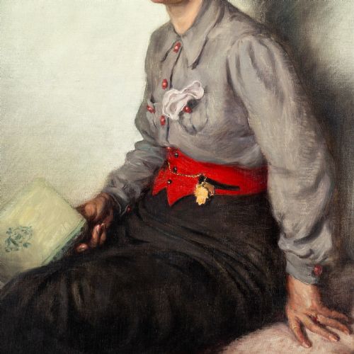 fig 3. A mid-century oil painting on canvas depicting a seated woman in a grey blouse, patterned headscarf, and red waistband holding a green book, set within a thin gilt frame.