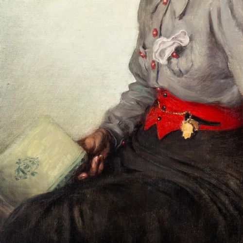 fig 4. A mid-century oil painting on canvas depicting a seated woman in a grey blouse, patterned headscarf, and red waistband holding a green book, set within a thin gilt frame.
