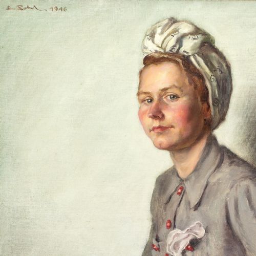 fig 5. A mid-century oil painting on canvas depicting a seated woman in a grey blouse, patterned headscarf, and red waistband holding a green book, set within a thin gilt frame.