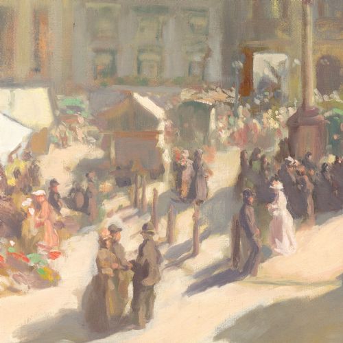 fig 1. An impressionist oil painting depicting a bustling open-air market square with figures, enclosed in a broad gilded frame with intricate relief detailing.