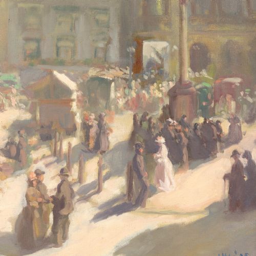 fig 3. An impressionist oil painting depicting a bustling open-air market square with figures, enclosed in a broad gilded frame with intricate relief detailing.