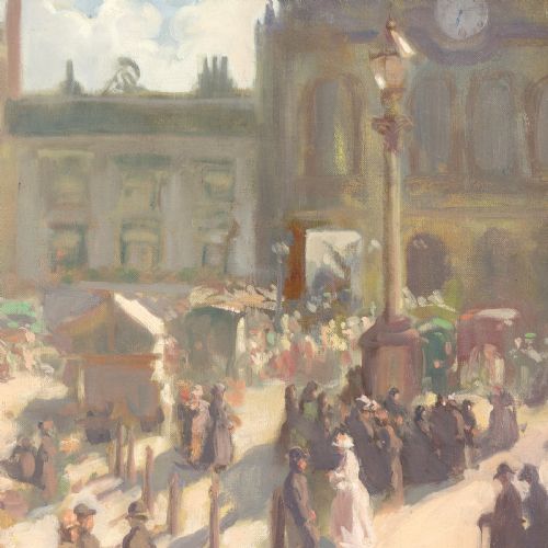 fig 4. An impressionist oil painting depicting a bustling open-air market square with figures, enclosed in a broad gilded frame with intricate relief detailing.