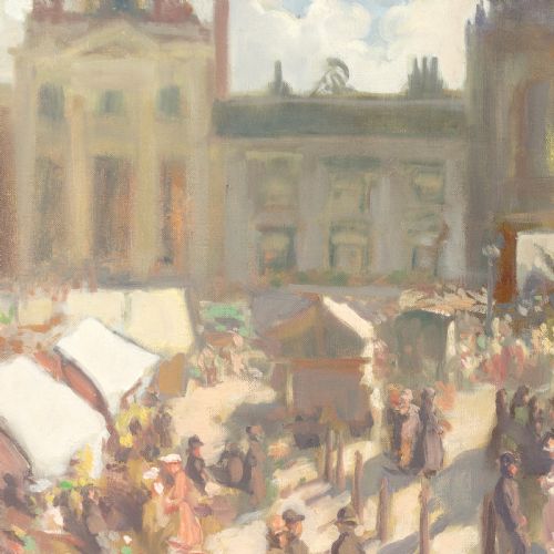 fig 5. An impressionist oil painting depicting a bustling open-air market square with figures, enclosed in a broad gilded frame with intricate relief detailing.