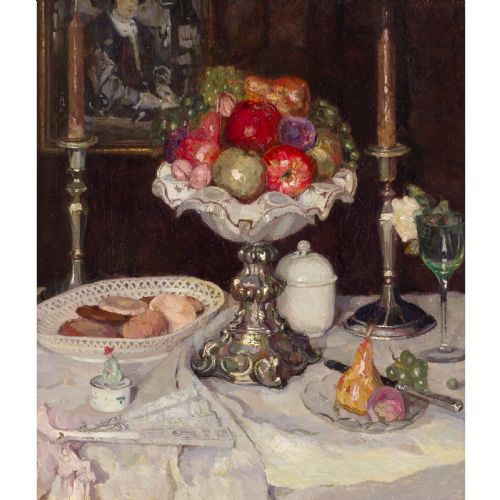 fig 1. A framed oil painting featuring a tabletop still life arrangement of fruit, candlesticks, pastries, and glassware against a dark backdrop.