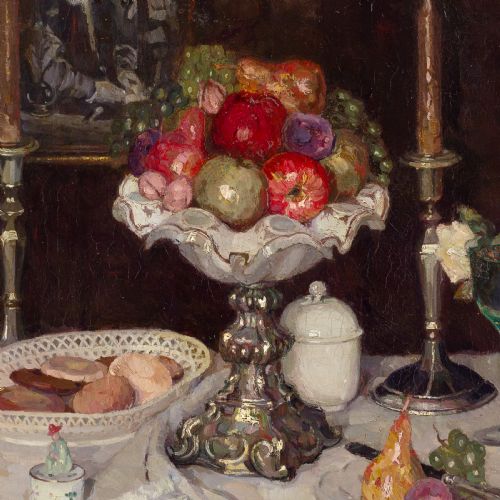 fig 2. A framed oil painting featuring a tabletop still life arrangement of fruit, candlesticks, pastries, and glassware against a dark backdrop.